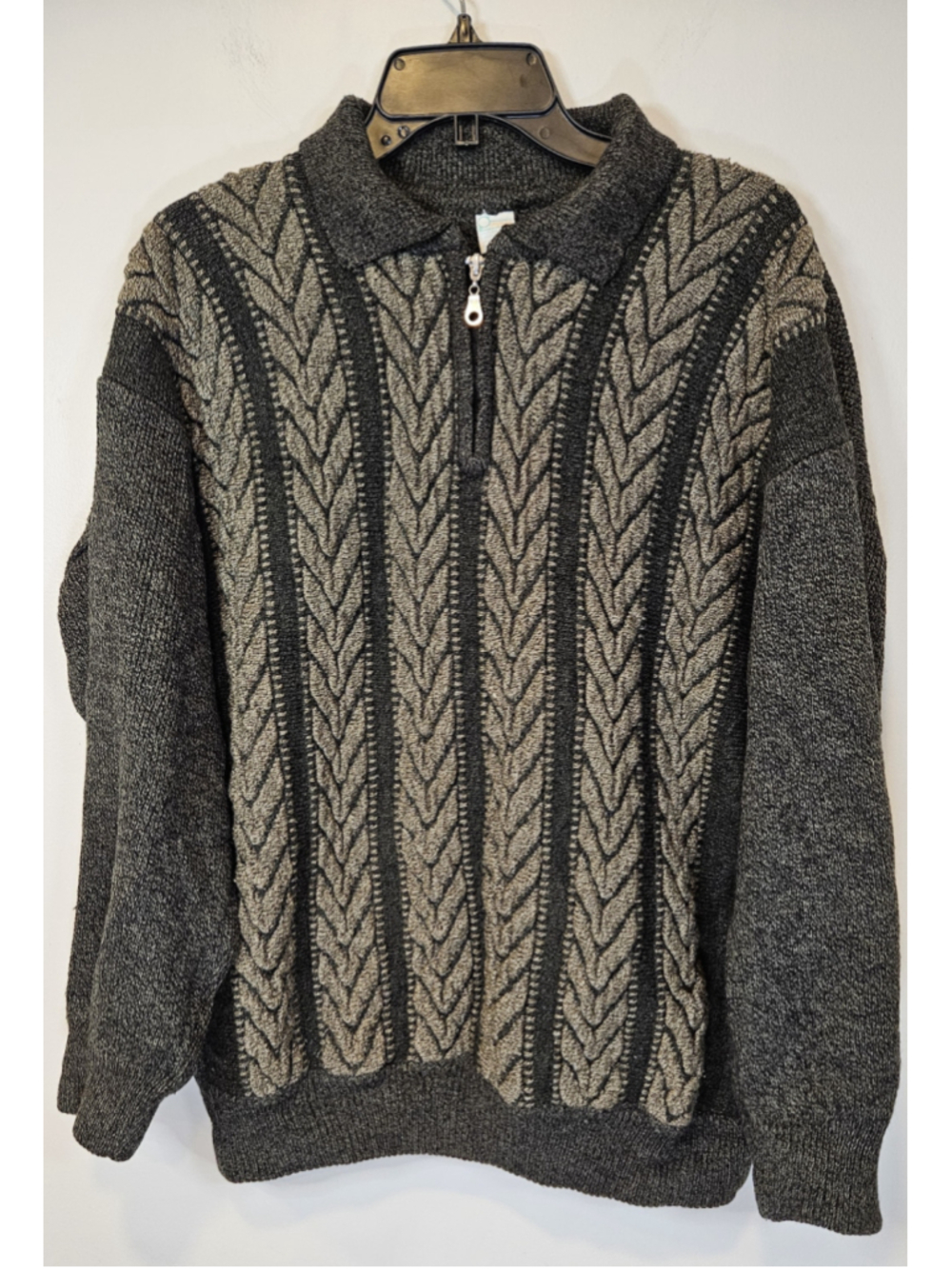Vintage Polgat Israel Cable Knit Quarter Zip Sweater Gray Mens Pullover